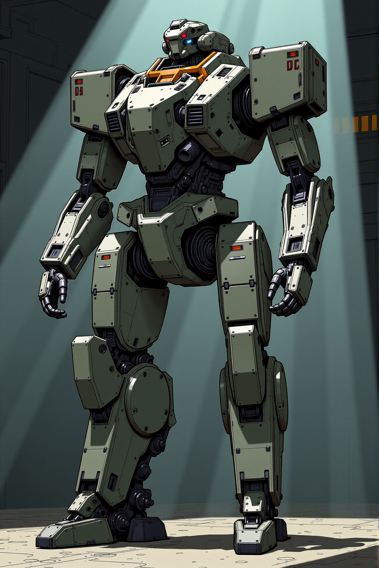<lora:Mecha_Anime_style_v.1:0.8> A towering humanoid military mech rendered in cinematic anime-realism, standing in a dimly lit industrial hangar with its floodlights casting stark beams across worn concrete flooring. The mechâs angular chassis is clad in matte gray tactical plating with subtle grime, edge wear, and stencil-marked unit identifiers including a bold "02" on the shoulder guard. Mechanical joints, pistons, and wiring are densely packed beneath the armored surface, visible at limb junctions and around the torso. Hardpoint details include shoulder-mounted sensors, reinforced forearms, and compact hydraulics in the legs. The lighting design uses chiaroscuro contrast to enhance mass and form, with tightly inked linework and soft ambient occlusion adding depth to shadowed recesses. The muted palette and warehouse setting emphasize the mechâs utilitarian lethality and deployment-readiness.
