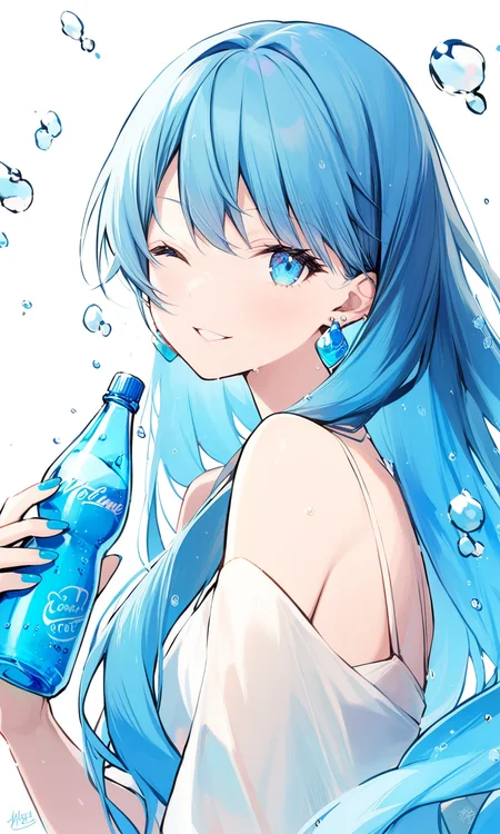 1girl, safe, solo, long hair, looking at viewer, smile, blue eyes, white background, holding, jewelry, bare shoulders, blue hair, upper body, earrings, parted lips, one eye closed, signature, nail polish, bottle, blue nails, water drop, holding bottle, ramune