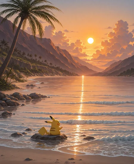 masterpiece, best quality, amazing quality, very aesthetic, perfect eyes,
,pikachu, solo, open_mouth, sitting, outdoors, sky, water, tree, pokemon_\(creature\), no_humans, scenery, reflection, sunset, rock, mountain, sand, palm_tree, sun, mountainous_horizon, shore, orange_sky, reflective_water,A digital painting of a cute yellow pikachu sitting on a black rock in the middle of a calm, serene river. The background features a stunning sunset with warm orange hues, distant mountains, and a tall palm tree casting gentle shadows. The sky is filled with fluffy clouds, adding to the serene atmosphere. The water is calm and still, reflecting the warm colors of the sky. The pikko is the main subject, with its small, round body and pointed ears. The overall mood is peaceful and idyllic.