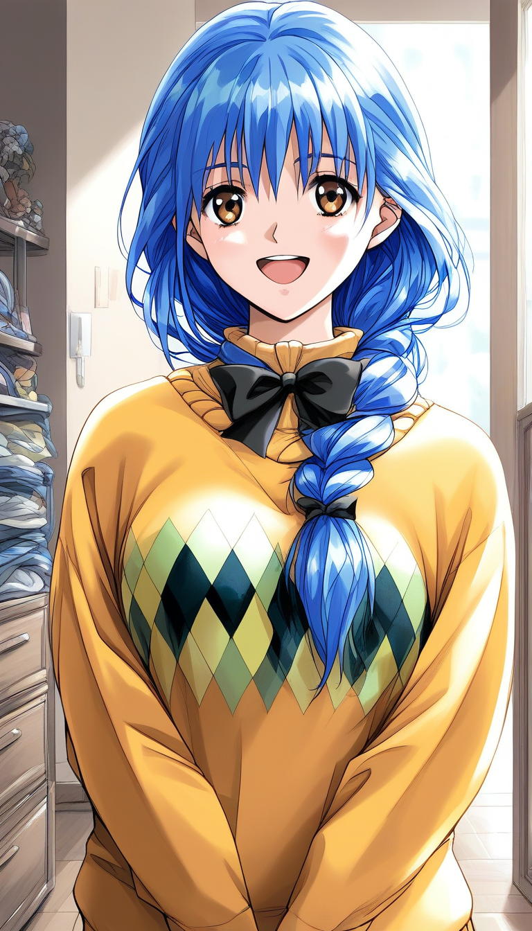 score_9, score_8_up, score_7_up, source_anime, rating_explicit, BREAK  <lora:Yasuda_Azumi_XL:1> Yasuda_Azumi, blue hair, long hair,  bangs, brown eyes, medium breasts,  braided ponytail,ãlow ponytail
headwear removed,  smile, v arms, open mouth,
Yellow sweater, long sleeves, shirt, argyle, black bow, 
home in the room, flooring, 
looking at viewer,