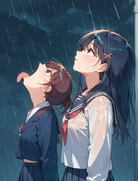 score_9, score_8_up, score_7_up, source_anime, 
gokumeme, rain, 2girls,  tongue out, looking up, school uniform, <lora:gokumeme_xl:0.7>