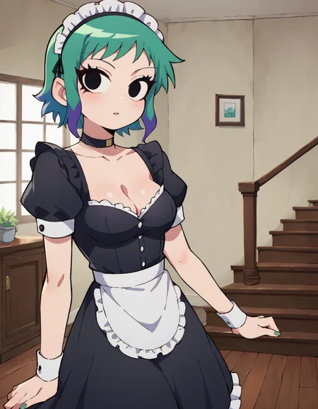 score_9, score_8_up, flat color, 2D, 1girl, solo, ramona flowers, black eyes, green hair, maid outfit, choker, cleavage, indoors <lora:RamonaSDXL:0.80>