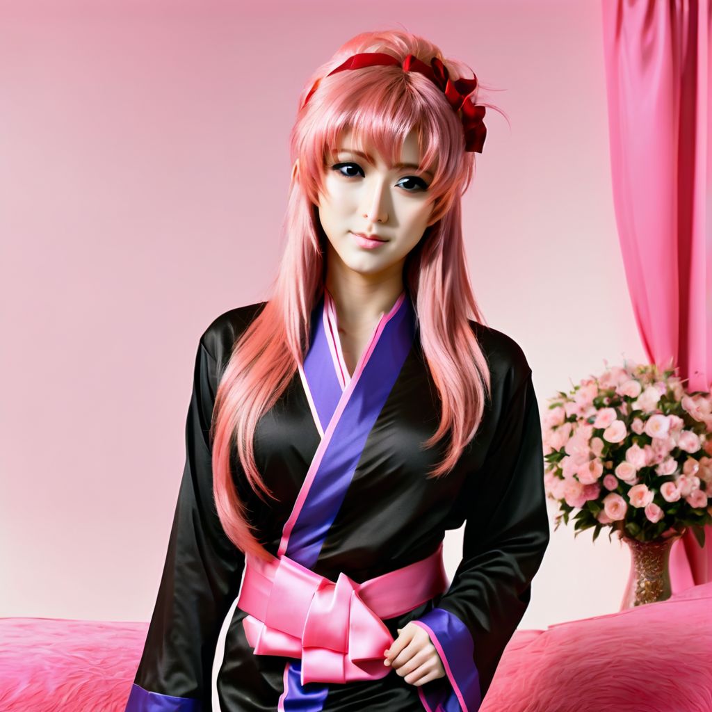 lacus clyne, cute, asian, satin silk kimono, black kimono, long sleeves, long hair, pink hair, hair ornament, luxury living room, full body image