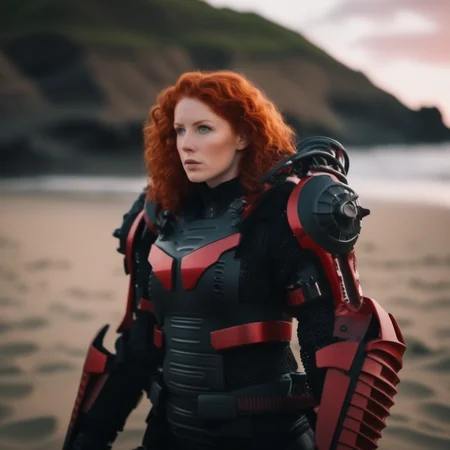 cinematic photo a full body curly redhead woman wears a red and black futuristic light armor, beach background <lora:Exosuit1024:0.9> . 35mm photograph, film, bokeh, professional, 4k, highly detailed