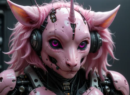 scifi photoshot, pink fluffy alien unicorn species head cyborg close-up, highly detailed, electrical components, sad, fluffy, looking viewer, clean <lora:alien-species:1>