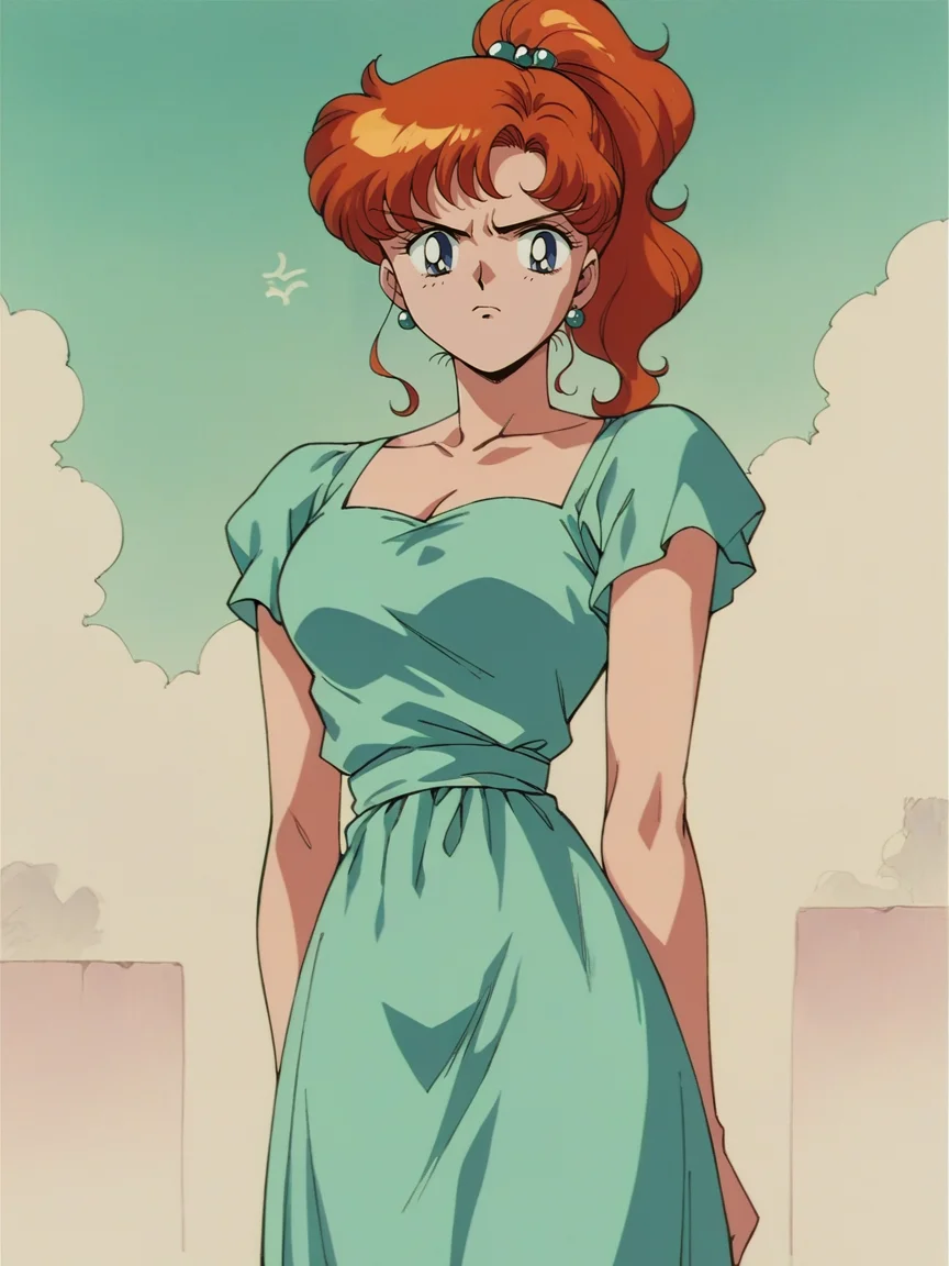 score_9, score_8_up, score_7_up, score_6_up, score_5_up, <lora:s41l0rm00nXLP:1> s41l0rm00n, retro artstyle, 1girl, ginger hair, annoyed, solo, dress, curvy