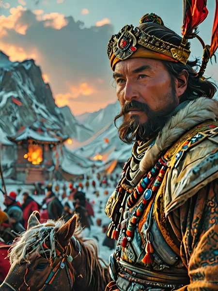 gengis khan arriving at his camp <lora:add-detail-xl:1>,  epic shot, sharp image, dramatic lighting, highest quality, 8k, vivid   colors, flat colors <lora:MJ52:0.6>