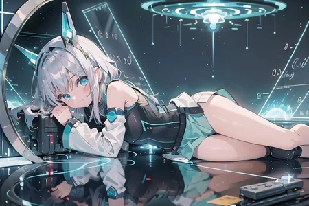 (masterpiece), (science fiction:1.4), 1girl, lying on the back on a mirror, lying on the back on a mirror, lying on the back on a mirror, smile, silver hair, aqua eyes, headgear, long sleeves, detached sleeves, glowing energy clothing, light particles, energy particles, perfect hands, perfect legs