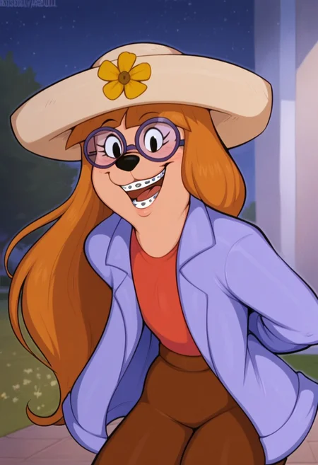 score_9, score_8_up, score_7_up, masterpiece, best quality, highly detailed, realistic, (zPDXL3), 1girl, solo, (StaceyGM, braces, furry, anthro, female canine, teeth, tongue, purple round glasses, black nose, black eyes, orange hair, long hair, white hat, flower on hat, purple jacket, long jacket, red shirt, hands behind back, brown pants), blushing, smile, open mouth, ((park, grass, midnight, romantic ambiance, night)), standing, front view, outdoors, detailed background, uncensored, (((tailless))), (afbul), looking at viewer