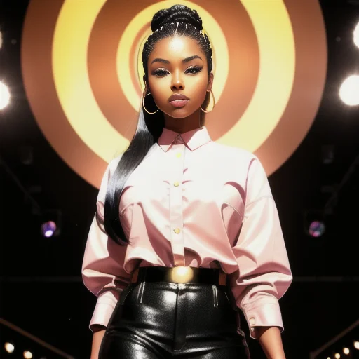 a photo portrait of a beautiful African, dark skin, woman in fashion, dress, pants, blouse, (tiny waist, peach butt, thick thighs), walking the catwalk, (audience background), art by fs2023, smooth, clear, crisp, center camera focus, radial blur moving outward, blurred background, light coming from overhead, accent shadows, highly detailed, hdr, masterpiece, shiny, from below