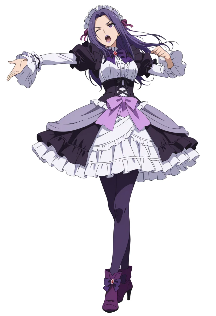 Smooth Quality,masterpiece,very intricate, high quality details, ultra realistic, high detailed skin,detailed enviorement,absurdres,anime screencap,
simple background, white background, dancing, solo
<lora:nagi_CNR:0.8> nagi_cnr, 1girl,purple hair, long hair, purple eyes, purple lips, gothic fashion, frilled dress,maid headdress, long sleeves, puffy sleeves, high heels, purple boots, purple bow,white frills,, screaming,, ;o,