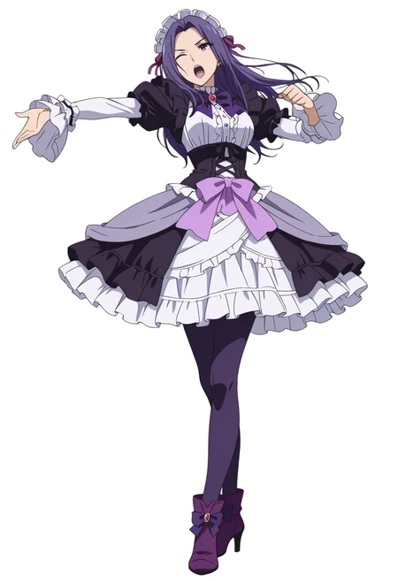 Smooth Quality,masterpiece,very intricate, high quality details, ultra realistic, high detailed skin,detailed enviorement,absurdres,anime screencap,
simple background, white background, dancing, solo
<lora:nagi_CNR:0.8> nagi_cnr, 1girl,purple hair, long hair, purple eyes, purple lips, gothic fashion, frilled dress,maid headdress, long sleeves, puffy sleeves, high heels, purple boots, purple bow,white frills,, screaming,, ;o,