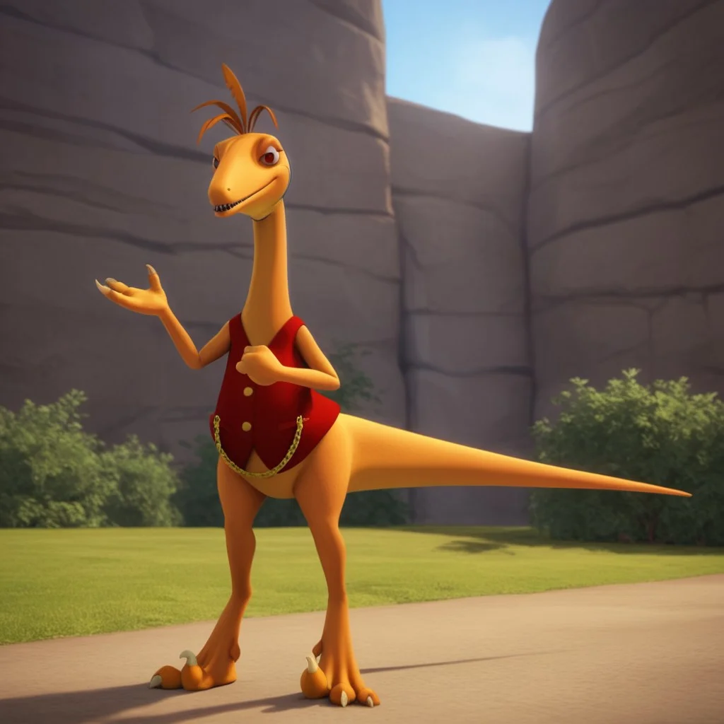 score_9, score_8_up, score_7_up, score_6_up, score_5_up, score_4_up, source_furry, dtmrconductorv2, semi-anthro, male, Troodon, orange skin, brown eyes, dinosaur, feather hair, red vest, gold buttons, gold chain, outside, open clothes, bedroom eyes, seductive