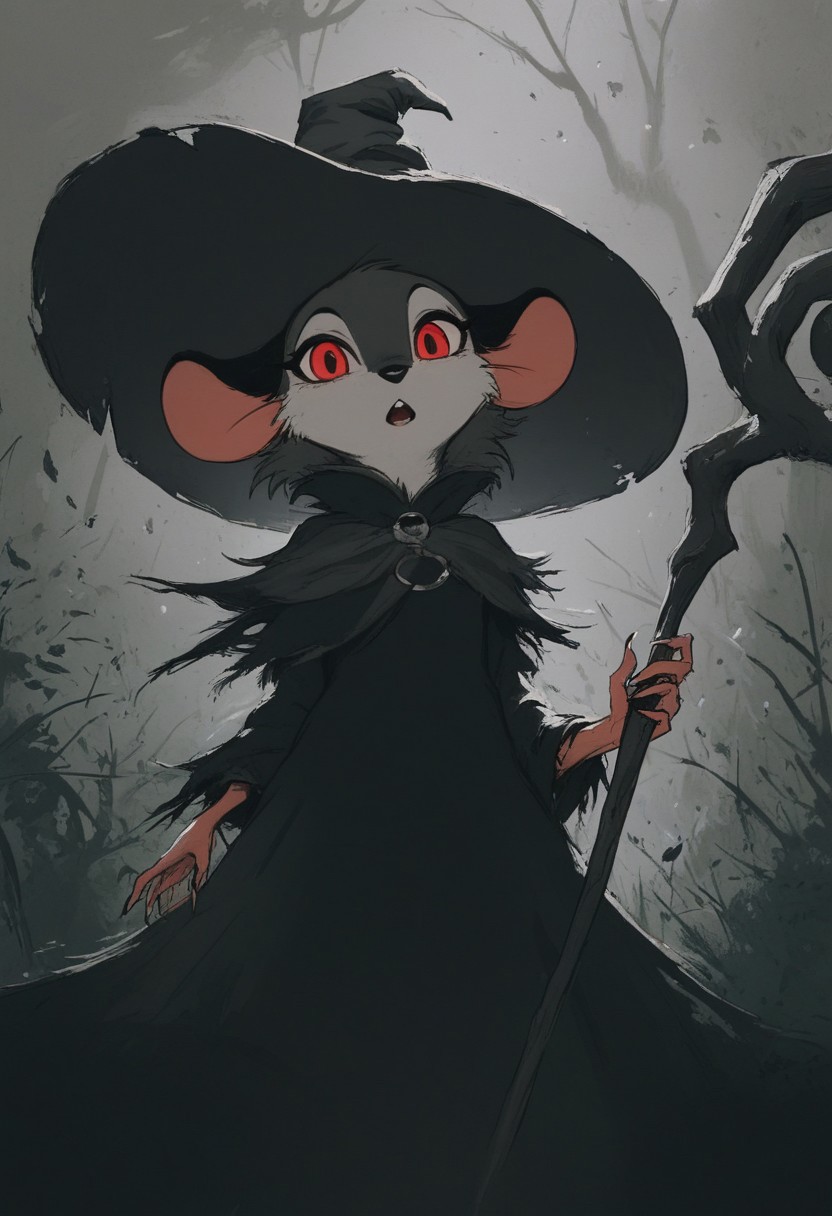 score_9, score_8_up, score_8, solo, (fluffy:0.8), (feral), furry, (((mouse))), female, claws, (fluffy cheeks:0.7), (black dress), grey fur, black ears, red eyes, look at viewer, (solo), j_cartoon, aesthetic, dramatic angle, unique perspective, unique angle, night, dark, swamp, (witch hat), (hold magical staff:1.5), (cruel expression), monochromemuse, monochrome, greyscale, j_cartoon, (open mouth), look at viewer,