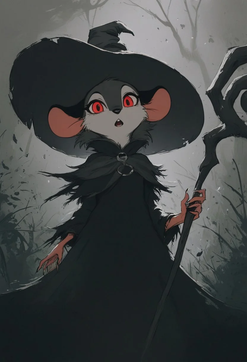 score_9, score_8_up, score_8, solo, (fluffy:0.8), (feral), furry, (((mouse))), female, claws, (fluffy cheeks:0.7), (black dress), grey fur, black ears, red eyes, look at viewer, (solo), j_cartoon, aesthetic, dramatic angle, unique perspective, unique angle, night, dark, swamp, (witch hat), (hold magical staff:1.5), (cruel expression), monochromemuse, monochrome, greyscale, j_cartoon, (open mouth), look at viewer,