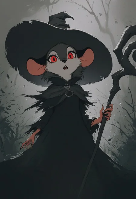 score_9, score_8_up, score_8, solo, (fluffy:0.8), (feral), furry, (((mouse))), female, claws, (fluffy cheeks:0.7), (black dress), grey fur, black ears, red eyes, look at viewer, (solo), j_cartoon, aesthetic, dramatic angle, unique perspective, unique angle, night, dark, swamp, (witch hat), (hold magical staff:1.5), (cruel expression), monochromemuse, monochrome, greyscale, j_cartoon, (open mouth), look at viewer,