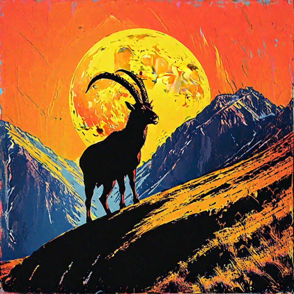 impactful color paint of, 1 walia ibex standing on top of a cliff under 1 white moon, black silhouette against white moon, black cliff, black  sky,