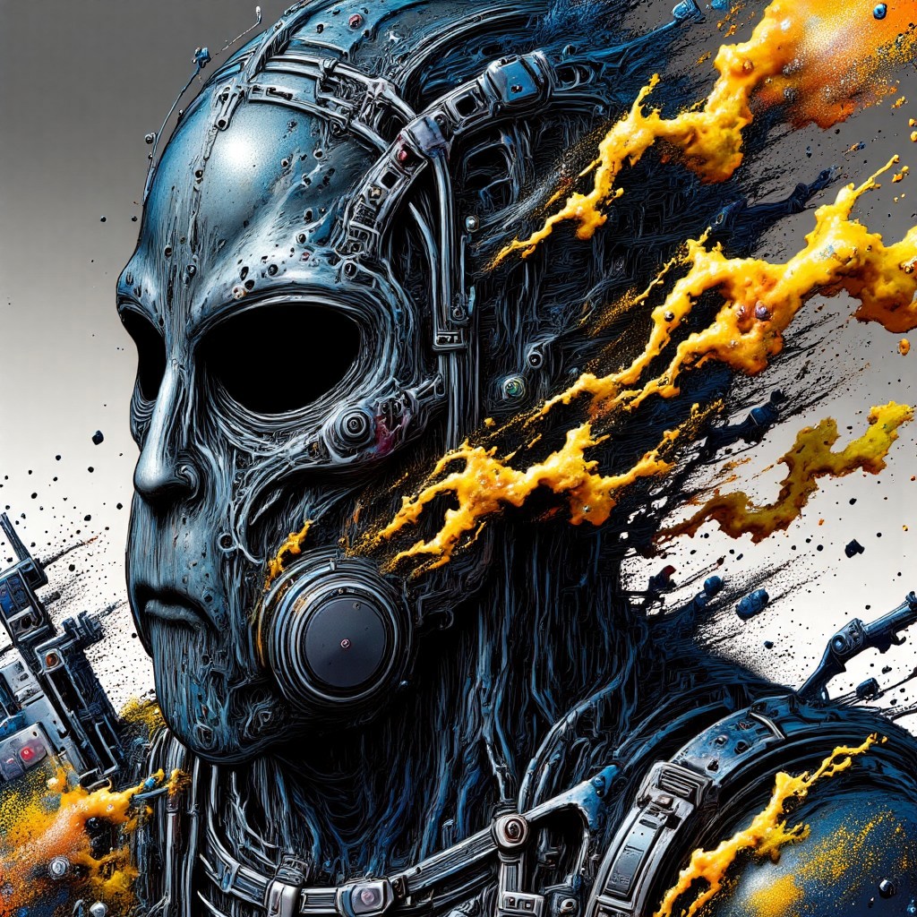 Zombie soldier wearing a biohazard gas mask, black and gold filigree, navy and gold vapor swirls, details in details