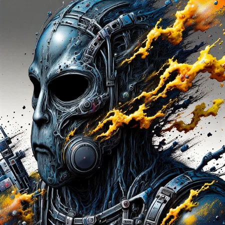 Zombie soldier wearing a biohazard gas mask, black and gold filigree, navy and gold vapor swirls, details in details