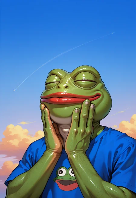 masterpiece, high quality, f33lsg00d, 1boy, no humans, solo, pepe the frog, hands on own face, closed eyes, closed mouth, smile, red lips, blue t-shirt, sky,
