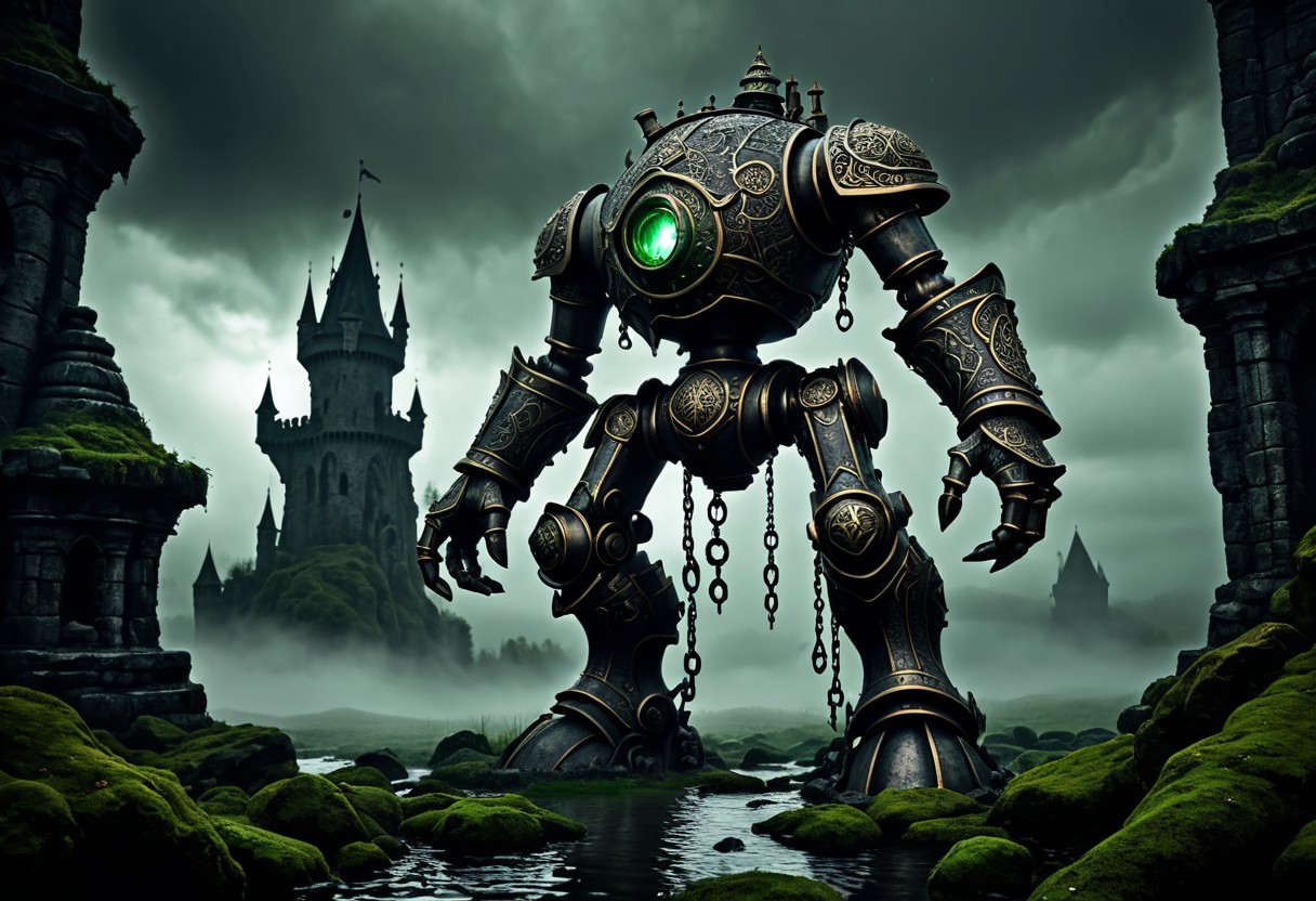 giant bipedal robot dirty dark silver and dark green, bronze paisley robot. lacy robot metal kettle head. outside of a steampunk keep. large detailed torso. dark image. one forty foot tall ancient robot with great arms and two heavy spring legs. dark foggy night background. $dark foggy night image only. dark photo realistic image. steampunk details. cogs, chains and pipes incorporated in the fantasy buildings. magic wizards tower in background. Dark swamp, moss, castle ruins, wizards tower. stormy dark night.  stormy sky.