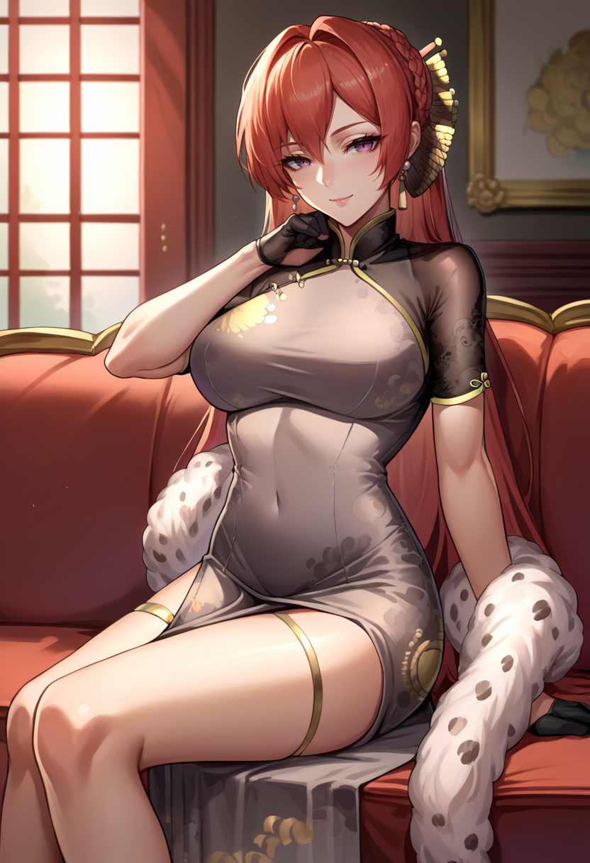 score_9, score_8_up, source_anime, 1girl, solo, MonarchBlackGerad, long hair, braid, hair ornament, earrings, china dress, short sleeves, taut dress, feather boa, black gloves, thighlet, gold high heels, sitting, indoors, on couch, seductive smile, bedroom eyes, <lora:ChamMonarchPonyXL:1>