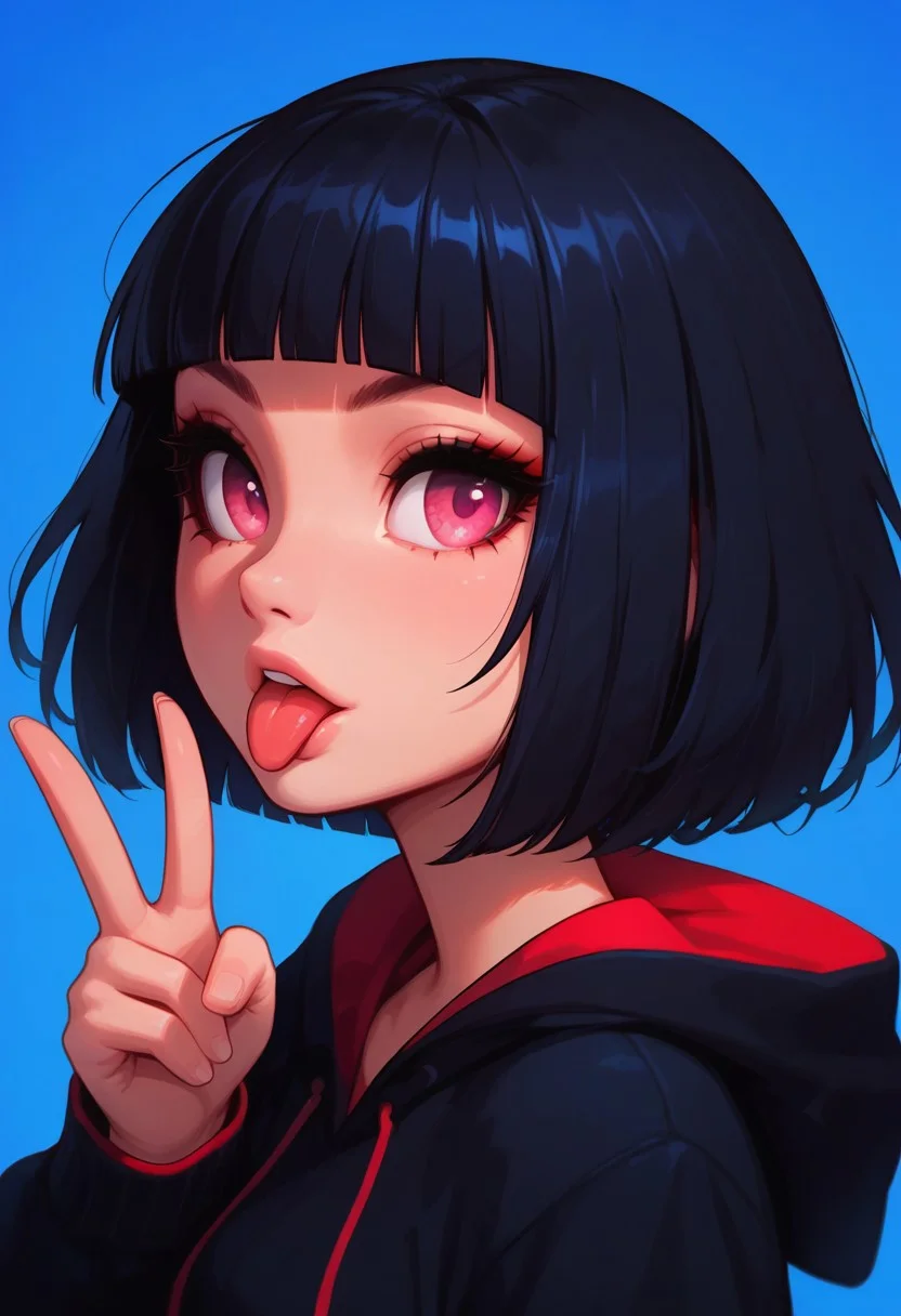 high detail, Smooth, sharp lines, score_9_up, score_8_up, detailed, masterpiece, super cute style, 1girl, solo, looking at viewer, short hair, bangs, black hair, upper body, tongue, hood, tongue out, blunt bangs, pink eyes, v, black hoodie with red trim, hood down, v-fingers, serious, eyelashes, eyeliner, back of hand, fingernails, blue background