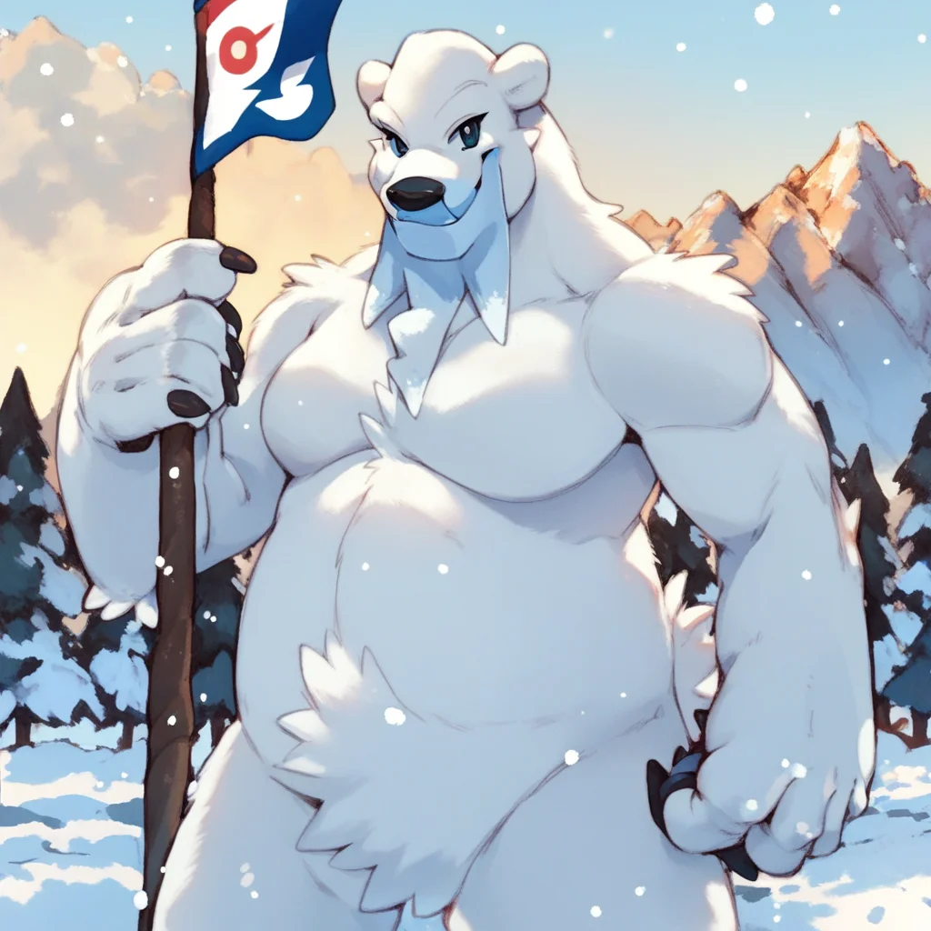 score_9, score_8_up, score_8, furry, Beartic, polar bear, Pokemon (creature), cartoon style, 2d, solo, standing, holding up Canadian flag, looking at viewer, smile, outside, snowy mountain range, blizzard
