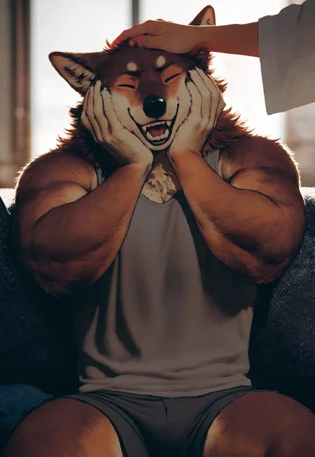 masterpiece, best quality, newest, very aesthetic, absurdres, very awa, mucknagabe, (ibsukionsen:0.4), ovopack, male focus, anthro, brown wolf, fluffy, broad shoulders, tank top, shorts, on sofa, closed eyes, cheek squish, hands on cheeks, teeth, (mostly offscreen character, faceless male, tan human), three quarter view, petting, bokeh, indoors, detailed background