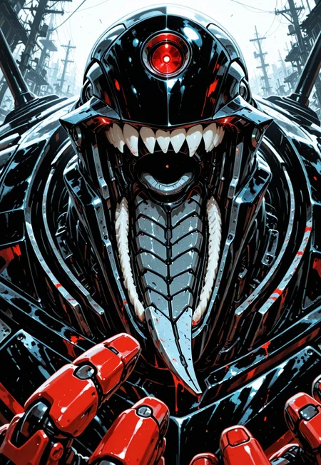 1man, solo, cyborg, ((glowing eye)), ((red eye)), (grey color body and head,), ((sharp big teeth)), BREAK, ((head detail view in front, very detail close view head,)), BREAK, closed mouth, BREAK, epic background, ((bloody hands)), ((tongue out, robot tongue, grey tongue, long tongue,)),
OneCybEyeIL, robot eye, mecha, ILXLpos,