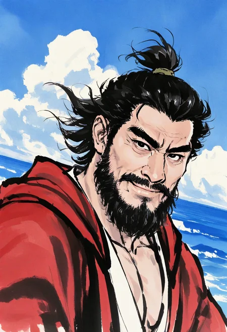 1boy, (portrait:1.5), standing, (looking at viewer:1.5), facing viewer, male focus, dutch angle, smile, closed mouth,
BREAK
red robe, floating hair, warrior, topknot,
BREAK
mature male, black eyes, black hair, short hair, beard, thick eyebrows, long sideburns, thick mustache, large pectorals, thick arms, belly, black eyes,
BREAK
<lora:Ink_wash_painting_style_v1.5:1> ocean, cloudy sky, cumulonimbus cloud, high contrast, minimalism, traditional media,
BREAK
bara, best quality, masterpiece, very aesthetic, absurdres, highest detailed, very awa, detailed background,