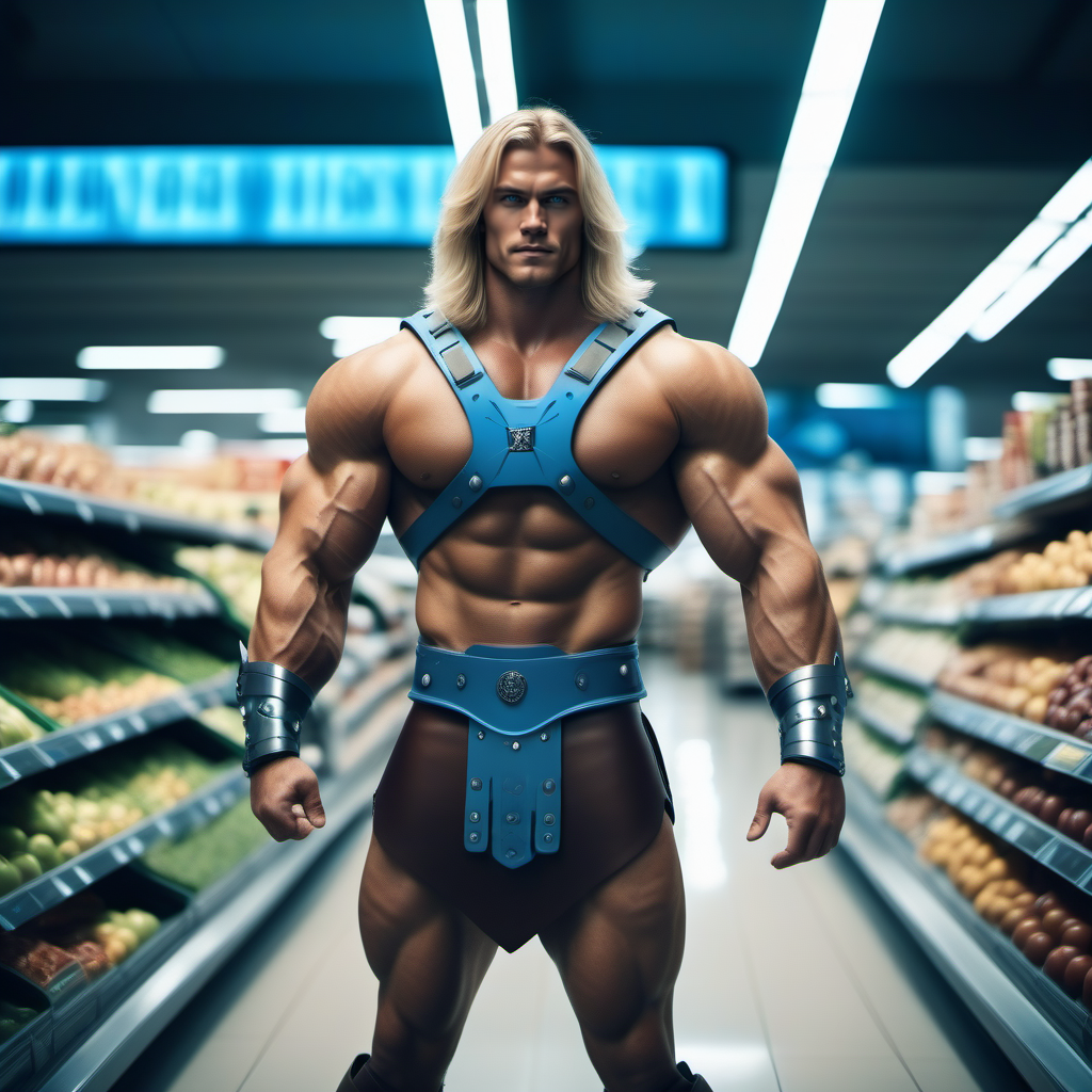 cinematic photo a muscular man, blond long hair, blue eyes, boots, manly, armor, energy sword, in a grocery store <lora:He-man1024:0.8> . 35mm photograph, film, bokeh, professional, 4k, highly detailed