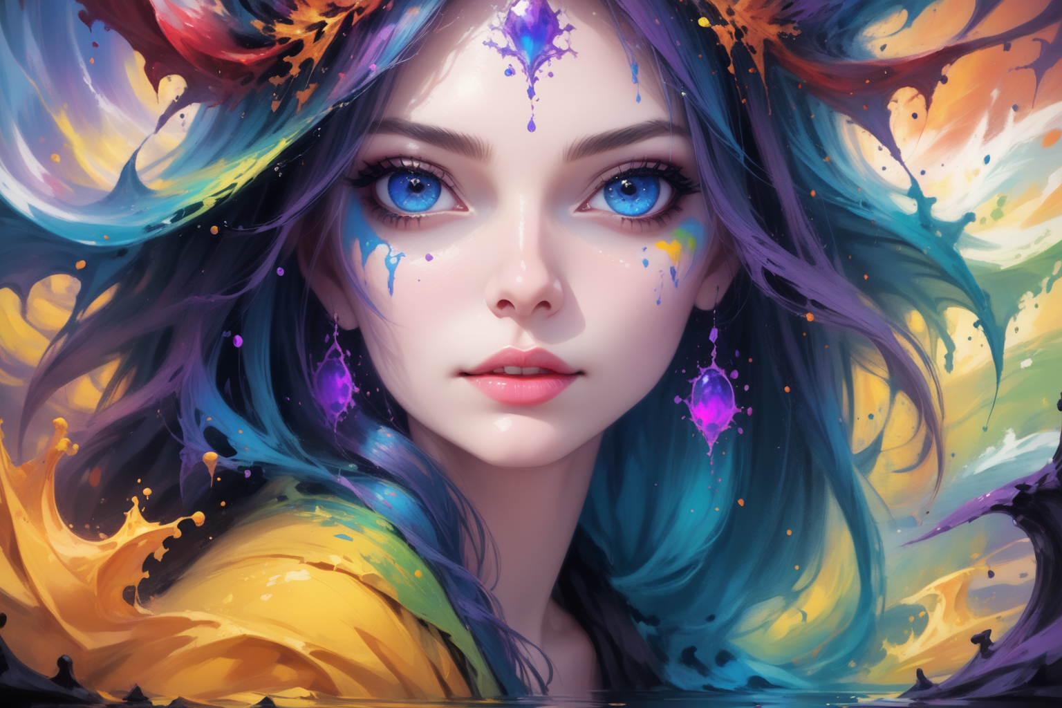 masterpiece, painted world,  colorful splashes, <lora:Painted World-000006:.5> on halloween art gallery, trending on Artstation, masterpiece, vivid colors, wonderful eyes, beautiful faces, elaborate, detailed, detailed