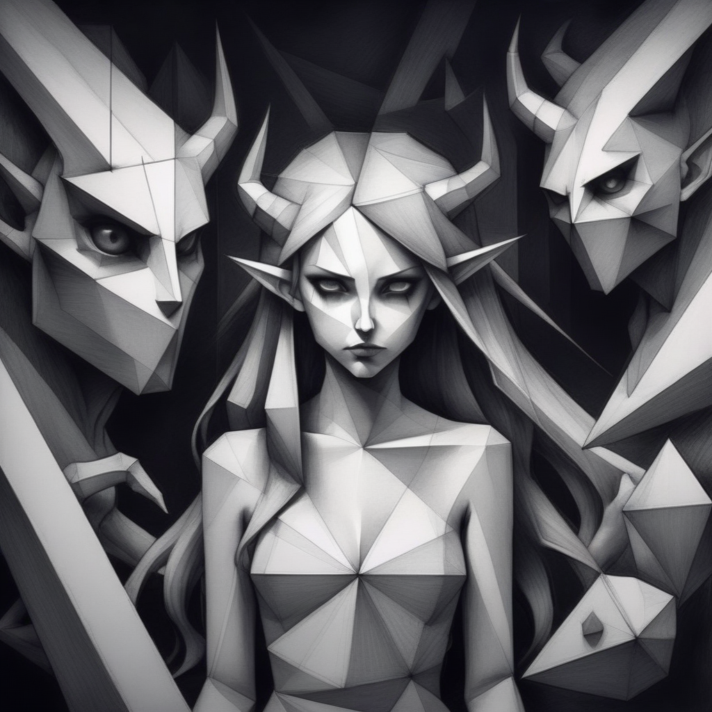 gformix geometric sketch girl in a surreal world of darkness demons in the background
 <lora:gformix:0.8>