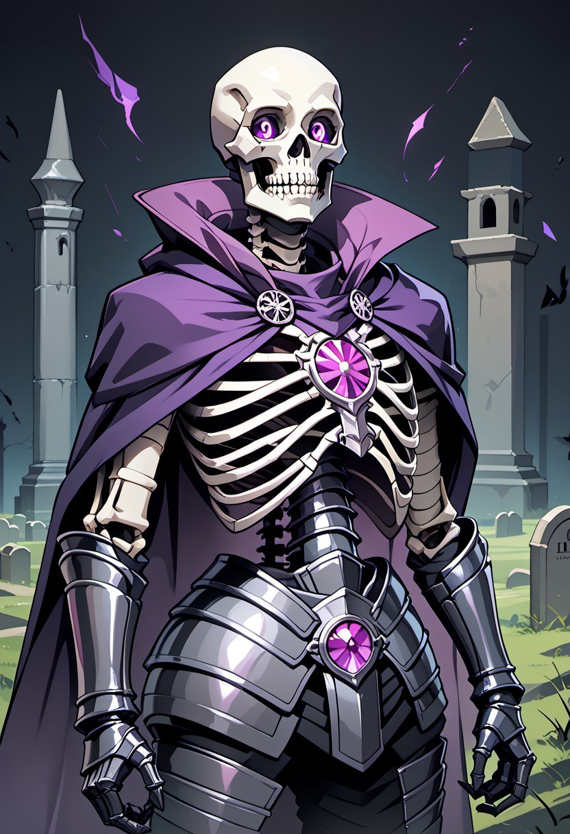 score_9, score_8_up, score_7_up, detailed, beautiful, high quality, 1male, skeletal knight, bleached white skeleton, glowing purple eyes, ornate black armor with sharp edges, clawed gauntlets, plated armored pants, (large flowing purple cape:1.3), gemstone embedded in chest, dark and menacing, fantasy graveyard background, swirling mist, eerie atmosphere