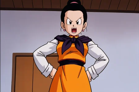 source_anime, score_9, score_8_up, score_7_up, anime screencap,8k, absurd res,
1girl, solo, chi-chi, ((buu saga)), 1girl, solo, looking at viewer, open mouth, black hair, long sleeves, indoors, hair bun, anime coloring, black eyes, purple sash, from below, cowboy shot, purple neckerchief, single hair bun, hands on hips, teeth, 1990s \(style\), retro artstyle, yellow dress, v-shaped eyebrows, white sleeves
<lora:chichi_pony_v2:0.8>