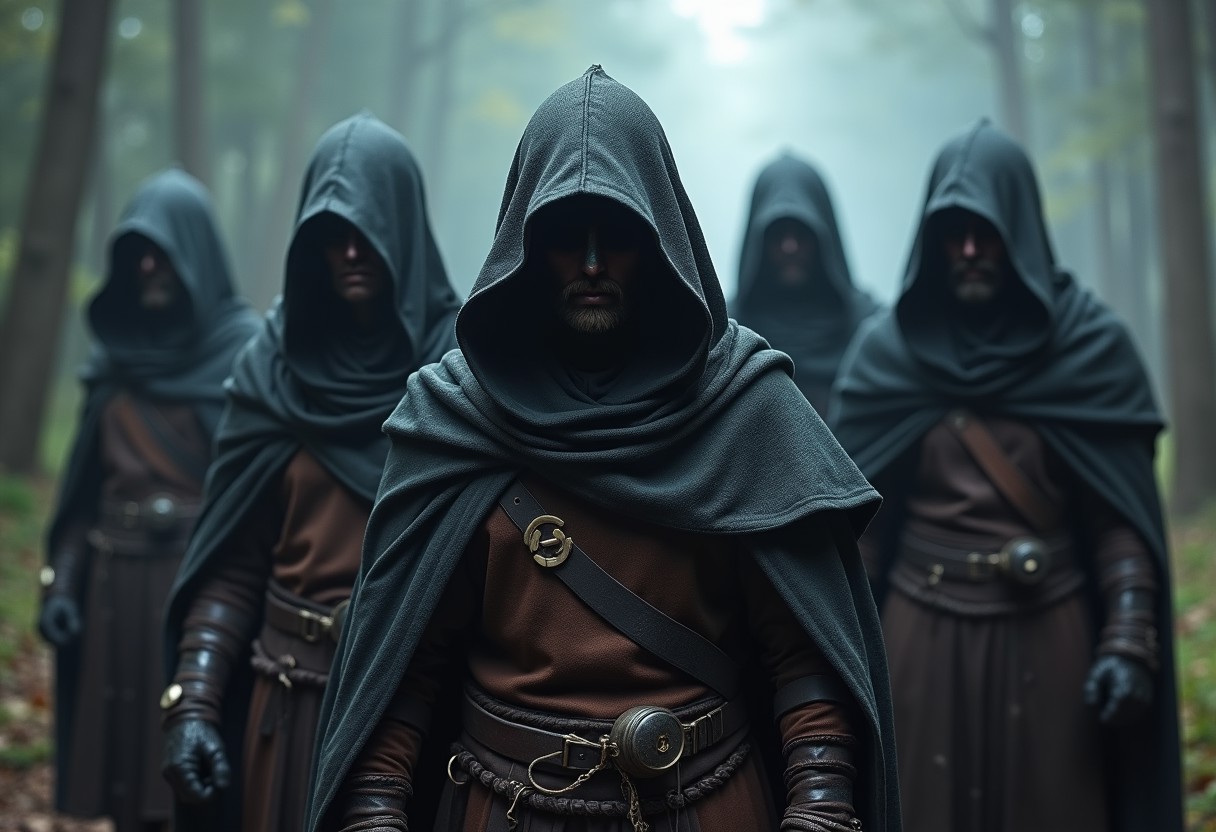 a photo-realistic party of dnd adventurers in a highly cinematic setting, highly detailed, all with hoods up and faces shrouded in shadow.