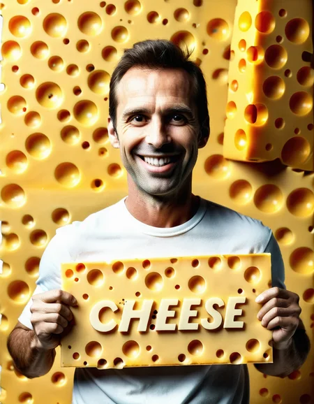 cheeselora, happy man holding sign saying "cheese"