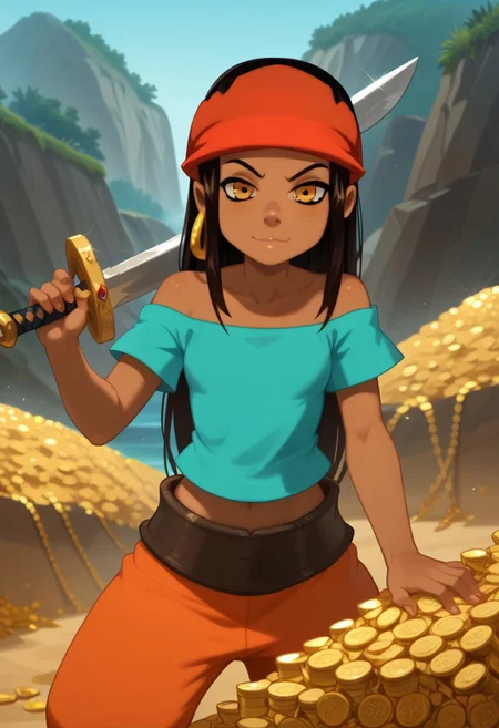 score_9, score_8_up, score_7_up, score_6_up, score_5_up, score_4_up,show accurate, perfect anatomy, perfect hands, five fingers, solo,1girl,20_years_old,
dark tanned skin, amber eyes. long black hair, aqua shirt that exposes shoulders and her midriff, orange harem pants, red bandana, golden earring, holding a sword, standing on a pile of treasure,