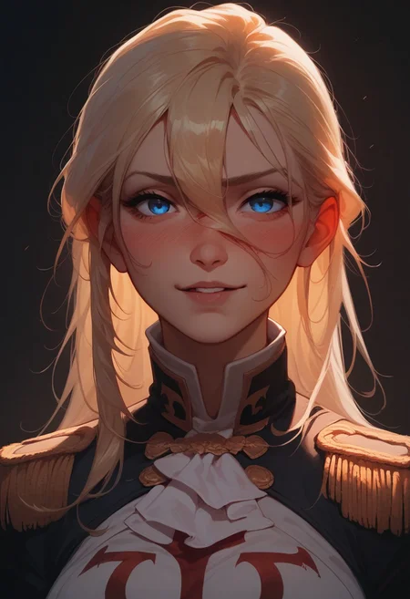 score_9, score_8_up, score_7_up, score_6_up, score_5_up, 1girl, solo, sexy 20 year old, perfect body, fair skin, cute face, blonde hair, hair in-between eyes, blue eyes, (smirking:0.7), blush, (pink nose:0.7), uniform, dramatic lighting, Thalia