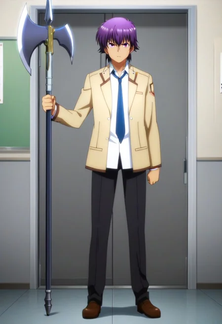 Anime, anime screencap, anime coloring, official art, official style, ((1male only, 1boy only, male focus, one male character only, single male character only, single illustration only)), bishonen, handsome, attractive, cute, sexy, good-looking, lean figure, toned fit body, tall body, talk height, Angel Beats! anime style, Noda, purple hair, purple eyes, yellow-brown open blazer, ((open blazer)), blue necktie, white collared untucked undershirt, black pants, brown shoes, halberd weapon, holding halberd, full body shot, doorway of classroom, angry, front view, facing front, looking at viewer