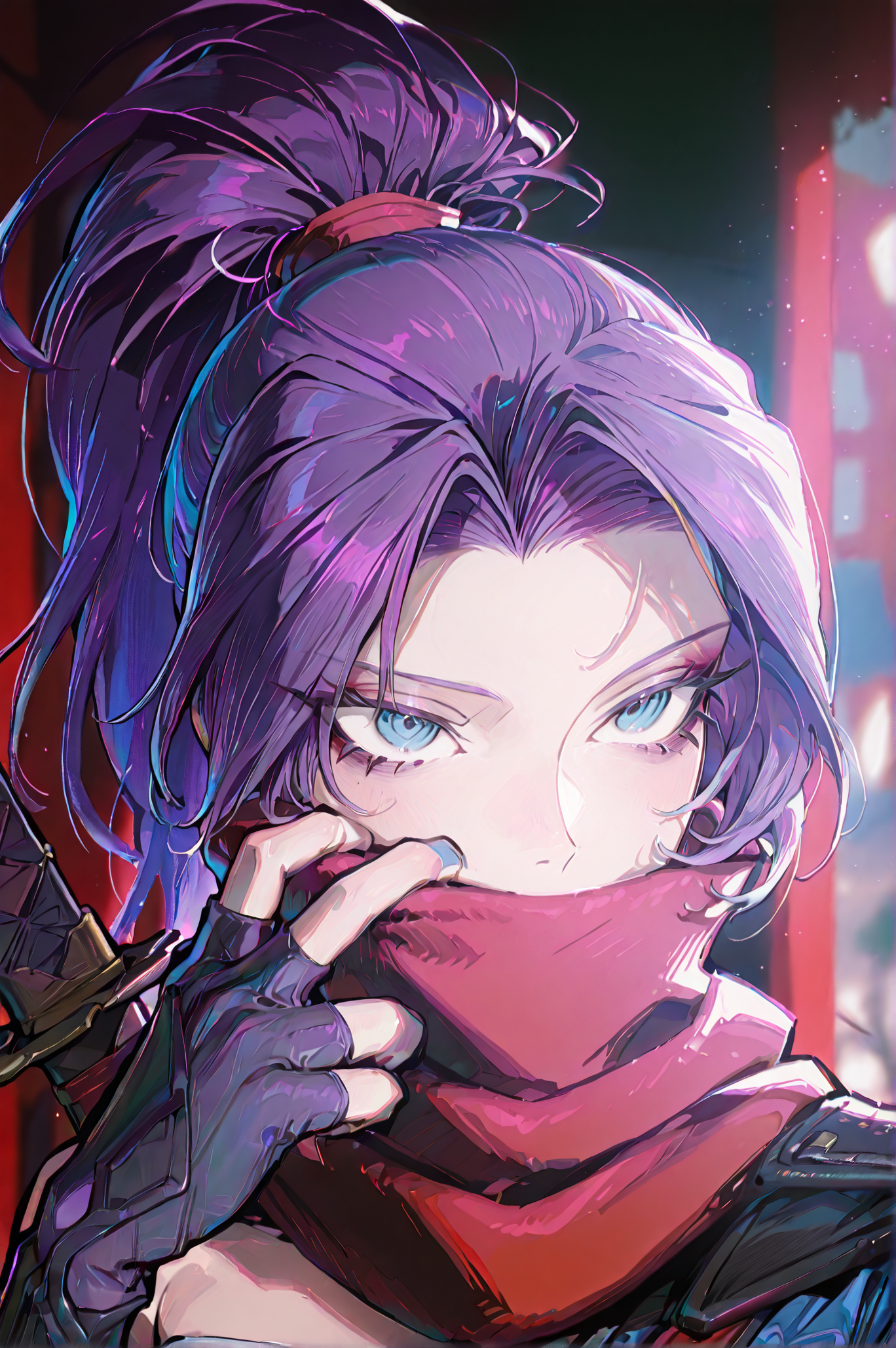 1girl, solo, (portrait:1.5), 30y, <lora:Psylockev1_Illu_Dwnsty:1> psylocke_mvr, blue eyes, purple hair, high ponytail, parted bangs, long hair, red scarf, scarf over mouth, japanese clothes, chest sarashi, kimono, sash, red belt, obi, single shoulder pad, fingerless gloves, arm guards, nail polish, blue nails, black footwear, blue thighhighs, sheath, weapon on back, blurry background, <lora:cgel-style-richy-v1_ixl:1>, <lora:princess_xl_v2:1>, <lora:illustrious_noobai_epsilon_pred_11_very_aesthetic_v1:1> masterpiece, best quality, very aesthetic, absurdres, <lora:illustrious_noobai_epsilon_pred_1_best_quality_v1:1> masterpiece, best quality, very aesthetic, absurdres, masterpiece, best quality, amazing quality, very aesthetic, absurdres, ultra-detailed, newest