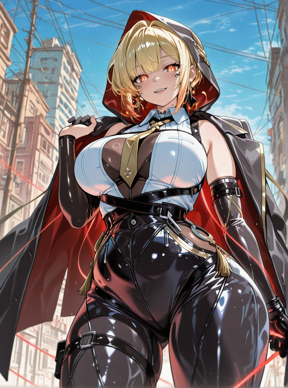 (masterpiece), (best quality), 1girl, solo, evelyn chevalier \(zenless zone zero\), (anime screencap), (evch_zzz), looking at viewer, (standing), large natural breasts, (purple eyes), blonde hair, short hair, hair up, anime style, shiny skin, (necktie between the breasts), earrings, high heels, chest harness, arm strap, asymmetrical gloves, white shirt, yellow necktie, collared shirt, sleeveless shirt, elbow gloves, black gloves, black jacket, blush, gloves, ring hair ornament, ass, high-waist_pants, tight clothes, tight pants, high-waist pants, latex pants, (holding), jacket, jacket on shoulders, mismatched gloves, mole under eye, black pants, uneven gloves, (weapon, glowing wire, energy wire, light string, neon weapon, knife at the end of the wire, glowing knife), outdoors, happy, (dragon girl), (scales), gold trim, (slit pupils), tusks, hooded cloak, painterly, colorful, flat colors, glowing, impasto, abstract, plump, <lora:EvelynChevalierZZZeroillusApexAi:0.7>,