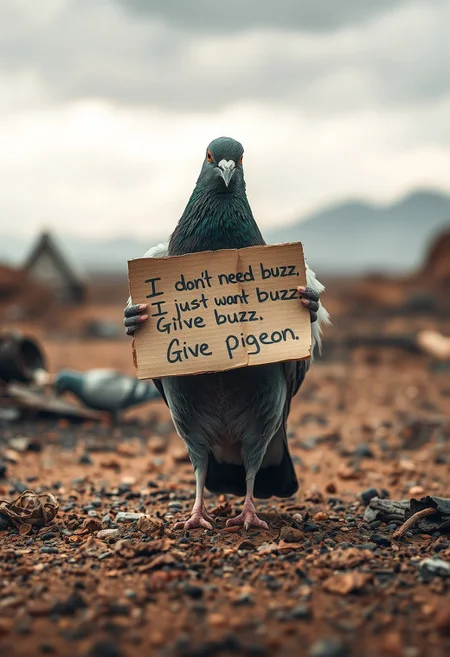 In a scorched and battered apocalyptic wasteland one pigeon stands alone, clutching in its wings a tattered cardboard sign reading 'I don't need buzz I just want buzz. Give buzz. Am pigeon.'