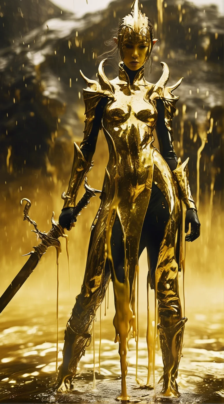 solvique full body girl warrior on the battlefield, made of melting gold liquid, and liquid dragon, cinematic, enigmatic, expressive <lora:solvique:0.7>