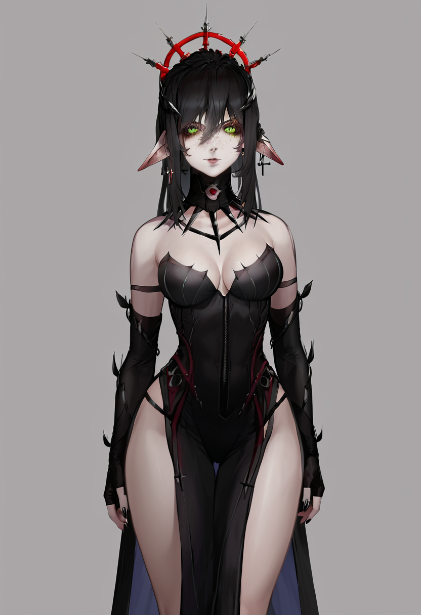 score_9, score_8_up, score_7_up, score_6_up, 1girl, solo, layna_2d, pointy ears, green eyes, freckles, scar, black hair, fingerless gloves, black dress, elbow gloves, cross earrings, cross, detailed eyes, perfect face, perfect eyes, sexy, sexy girl, beautiful eyes, petite body, thick thighs, medium breasts, standing, posing, light smile, simple background, dynamic angle