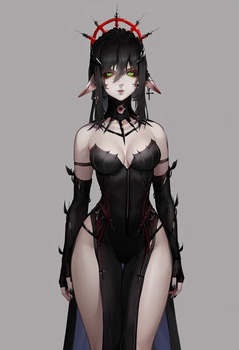 score_9, score_8_up, score_7_up, score_6_up, 1girl, solo, layna_2d, pointy ears, green eyes, freckles, scar, black hair, fingerless gloves, black dress, elbow gloves, cross earrings, cross, detailed eyes, perfect face, perfect eyes, sexy, sexy girl, beautiful eyes, petite body, thick thighs, medium breasts, standing, posing, light smile, simple background, dynamic angle