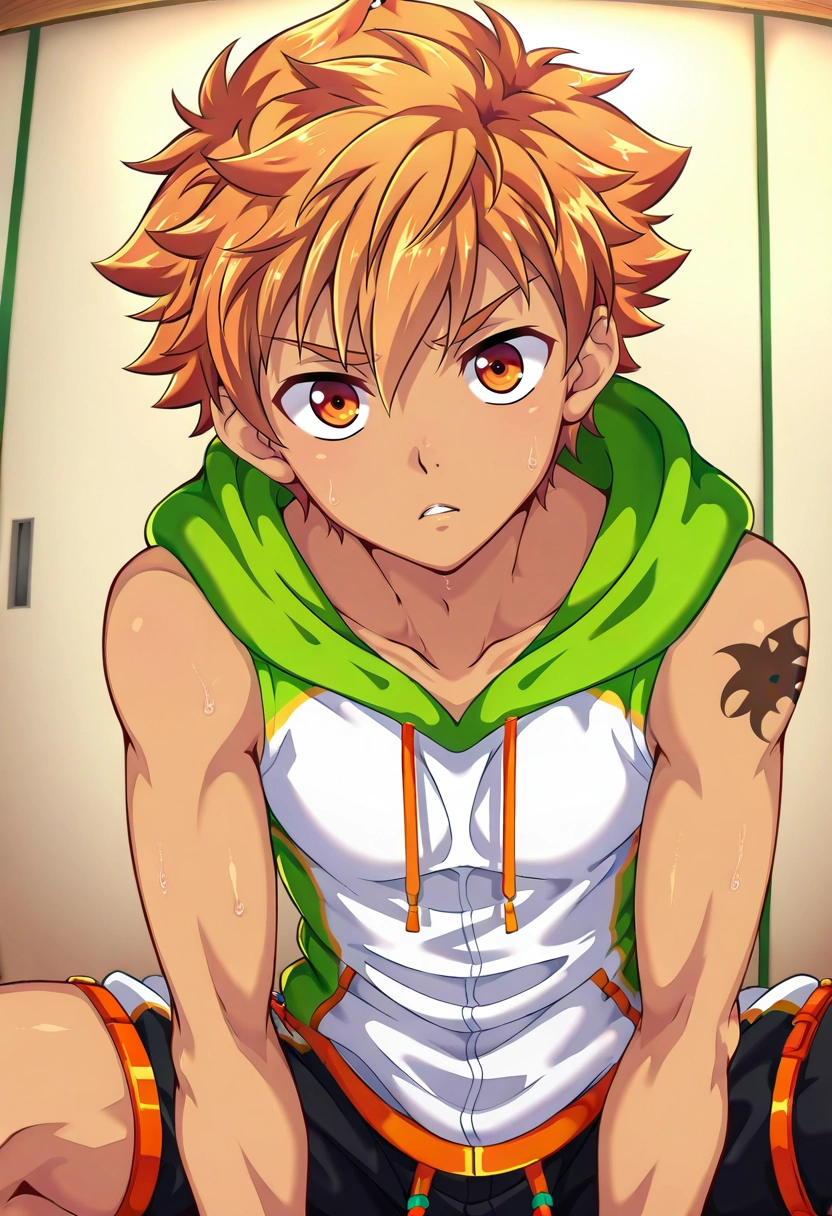 masterpiece, best quality, , anime screencap, anime coloring, official style, , , 1boy, solo, male focus, <lora:jirou_camp_buddy_ilxl:1>, jirou_camp_buddy, orange hair, orange eyes, , ,