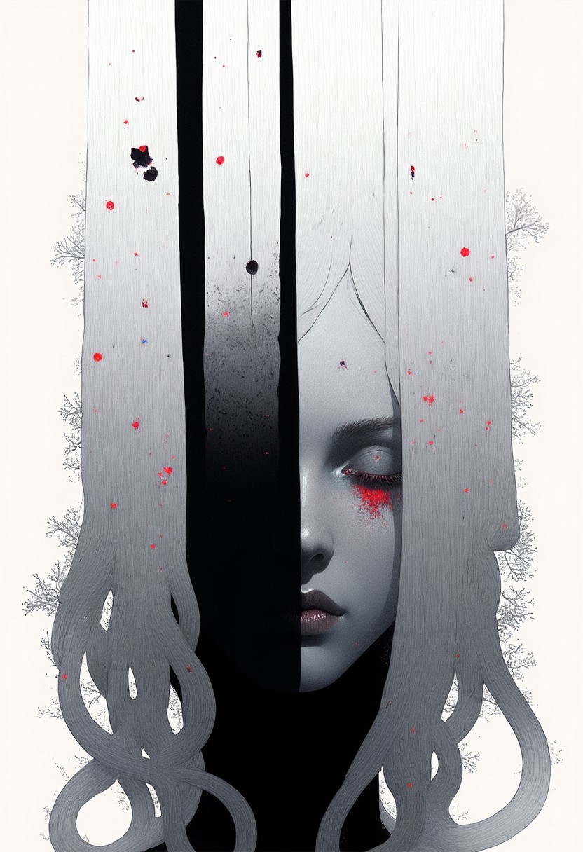 nistyle,A digital painting in a realistic and imaginative abstract style, showing a mysterious woman’s face emerging from vertical brushstrokes of white and gray paint. Her facial features—eyes, nose, and lips—are soft and perfectly symmetrical, rendered with smooth shading. The upper part of the face blends into a white background, while the lower part fades into deep black. The brushstrokes create a textured, modern look, evoking oil or acrylic painting. Minimalist palette of black, white, and gray tones, moody and ethereal atmosphere