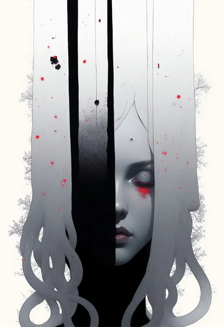 nistyle,A digital painting in a realistic and imaginative abstract style, showing a mysterious woman’s face emerging from vertical brushstrokes of white and gray paint. Her facial features—eyes, nose, and lips—are soft and perfectly symmetrical, rendered with smooth shading. The upper part of the face blends into a white background, while the lower part fades into deep black. The brushstrokes create a textured, modern look, evoking oil or acrylic painting. Minimalist palette of black, white, and gray tones, moody and ethereal atmosphere